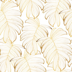 Luxury gold background. Floral seamless pattern, Golden split-leaf exotic tropical leaf with line arts illustration. - 689043928