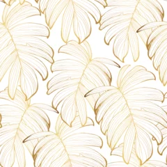 Fototapeten Luxury gold background. Floral seamless pattern, Golden split-leaf exotic tropical leaf with line arts illustration. © Iuliia