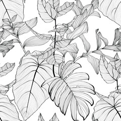 Seamless pattern background with Solomon's seal (Polygonatum multiflorum), palms, monstera leaf drawing illustration. Exotic tropical line illustration.