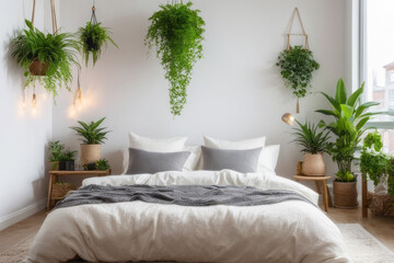 Home garden, bedroom in white and wooden tones. Close-up, bed, parquet floor and many houseplants. Urban jungle interior design. Biophilia concept. - obrazy, fototapety, plakaty