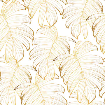 Luxury gold background. Floral seamless pattern, Golden split-leaf exotic tropical leaf with line arts illustration.