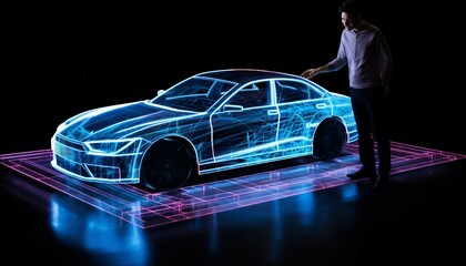 Sport car wire model with blue neon ob black background, Man and car hologram on dark background. Future concept. 3D rendering