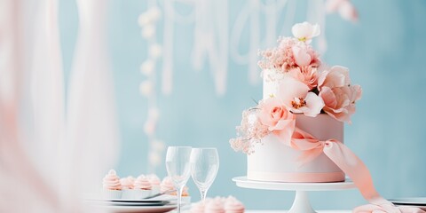 Delicious wedding cake on a beautifully decorated table with flowers. Delicate holiday decoration.