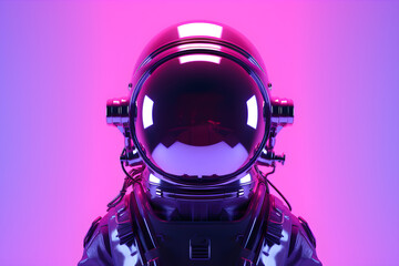 Astronaut in space suit and helmet isolated on pink background with neon lights, UV blacklight