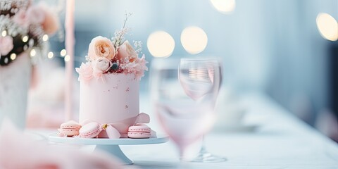 A delicious white and pink dessert table decorated with flowers and cake is a delightful decoration for celebrations and events. - Powered by Adobe