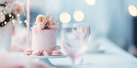 Fotobehang A delicious white and pink dessert table decorated with flowers and cake is a delightful decoration for celebrations and events. © Iryna