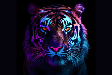 Portrait of a tiger on isolated black background in glowing neon light, UV blacklight