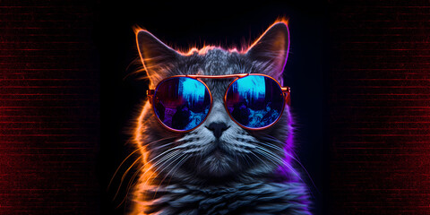 Portrait of a cool cat with sunglasses isolated black background in glowing neon light, UV blacklight