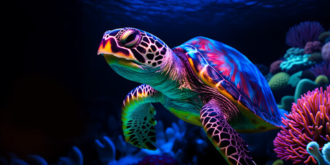 Hawaiian Green Sea Turtle on undersea corals dark background in glowing neon light, UV blacklight