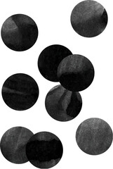 Vector black dots with texture. Black graphics elements. Dots on a transparent background. Unique paint dots for print and web design, postcard, posters.