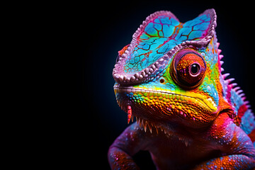 Obraz premium Closeup of a colorful chameleon on isolated black background in glowing neon UV blacklight