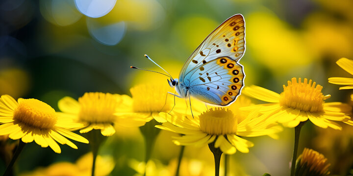 Butterfly On Yellow Flower Image Vibrant Nature Butterfly Image butterfly with yellow flowers and green blur bokeh background Ai Generative