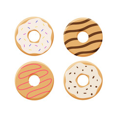 Obraz premium Donuts set, icon cartoon. Vector illustration of sweet dessert pastries. Isolated on a white background.