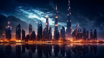 Fototapeta na wymiar A dramatic futuristic city skyline with illuminated skyscrapers in a metropolitan setting