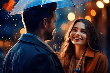 Happy and stylish young couple enjoying a day outdoors, sharing love, laughter and a romantic moment under an umbrella.