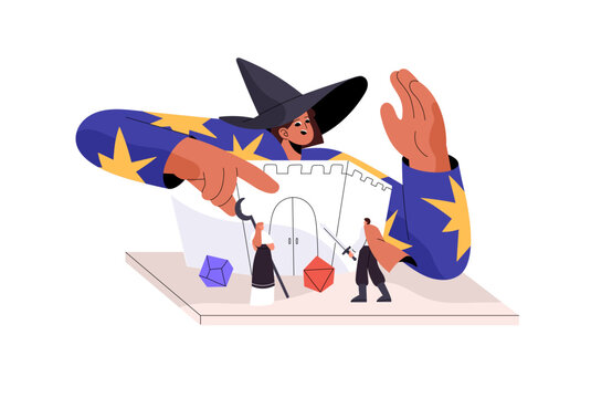 Dungeon and dragons boardgame with dice. Adventure role playing game. DnD master in magic costume, pointed hat plays. Miniature figures on board. Flat isolated vector illustration on white background