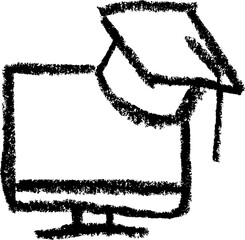 Computer with Graduation Cap Icon - Crayon Chalk Drawing