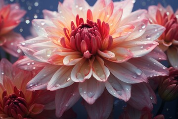 Beautiful pink dahlia flower with water drops on dark background, Beautiful dahlia flowers in the garden, Dahlia petals are red and white with drops of morning dew