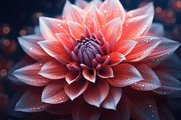 Foto op Canvas Beautiful white red dahlia flower with dew drops on petals, Multi-color flower. Wallpaper with a beautiful flower, pink dahlia flower close up with dew drops on petals © Jahan Mirovi