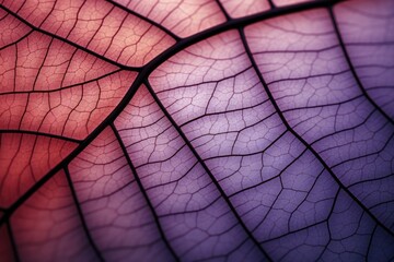 Close up of a leaf with purple filter effect, Abstract background, Macro photography, Mosaic pattern of  cells and veins, Leaf texture, Leaf macro view, leaf skeleton