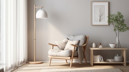 A cozy reading nook in the minimalist bedroom, with a simple chair, a small side table, and a floor lamp, providing a quiet space for contemplation and relaxation. - obrazy, fototapety, plakaty