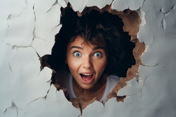 surprised woman looking through a hole in the wall - obrazy, fototapety, plakaty