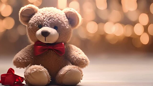Cute teddy bear with red bow and bokeh lights in the background, banner with copy space. Sparkling lights moving around