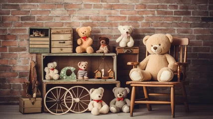 Fototapete Chinesische Mauer Retro Teddy Bear plush toys great collection on wooden shelving, antique rocking chair, old stool, boxes front loft concrete wall background. Childhood nostalgia concept. Vintage style filtered photo