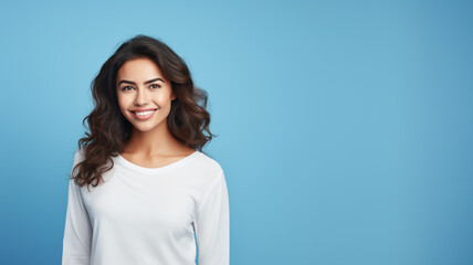 Fototapeta premium Smiling attractive woman look to the camera on blue background