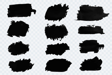 Set of brushes. Black brush stroke. Text frames and grunge patches. Vector