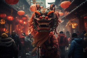 Naklejka premium Vibrant Chinese New Year Celebration in a Bustling City