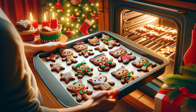  Aromatic sweet gingerbreads on baking sheet in an open hot steaming oven. Golden brown baked Christmas cookies in decorative shapes cat or kitten and human hands with dish towels. Fresh Xmas pastries