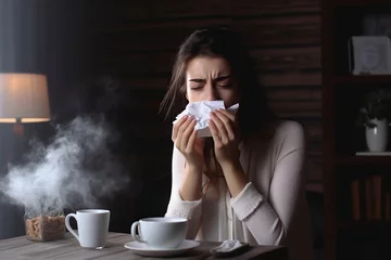 Foto op Plexiglas sick woman with flu drinking hot tea and medicine © Jorge Ferreiro