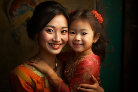 Mother and Daughter in Traditional Asian Attire Sharing a Loving Embrace