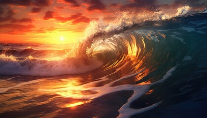 Sea wave landscape and sunset sky background.