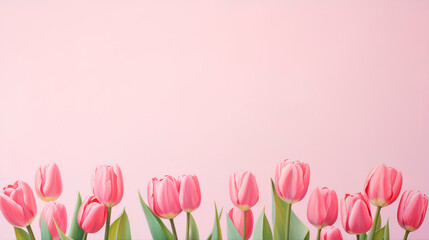Top view pink tulips on isolated pastel pink background with copy space for text, valentines day, mothers day, spring greetings.