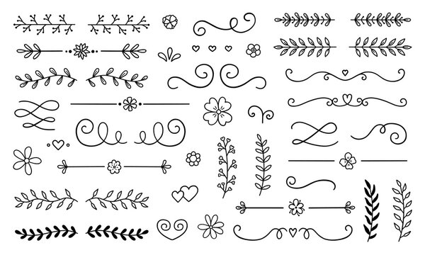 Text dividers doodle set. Wedding decorative elements with leaves, swirls, hearts. Divider ornament, borders, lines. Hand drawn vector illustration isolated on white background