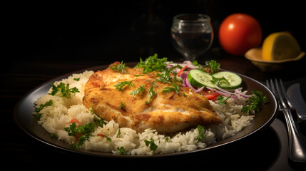 one chicken escalope served with basmati rice and salad