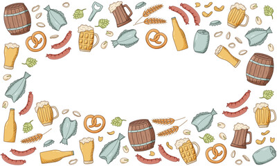 Beer doodle icons set. Vector illustration of Pub elements beer and snacks. Drawing Oktoberfest or bar.