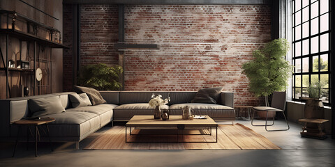 Parede de tijolos expostos em estilo industrial , living room with fireplace ,Loft Living Room Interior Design ,cozy living room with a rustic brick wall and a comfortable blue couch. Generative AI