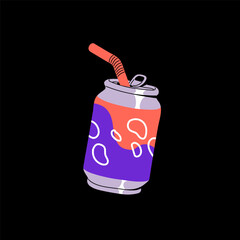 Vintage soda can. Carbonated drink in retro aluminium bottle with straw, tube. Fizzy beverage with bubbles. Cold tonic, fresh cola, aerated sweet, sugar water. Flat isolated vector illustration