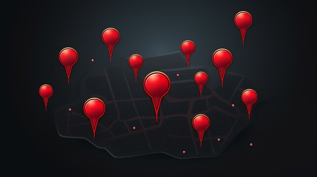 Map of the city with red pointers on a dark background. Vector illustration