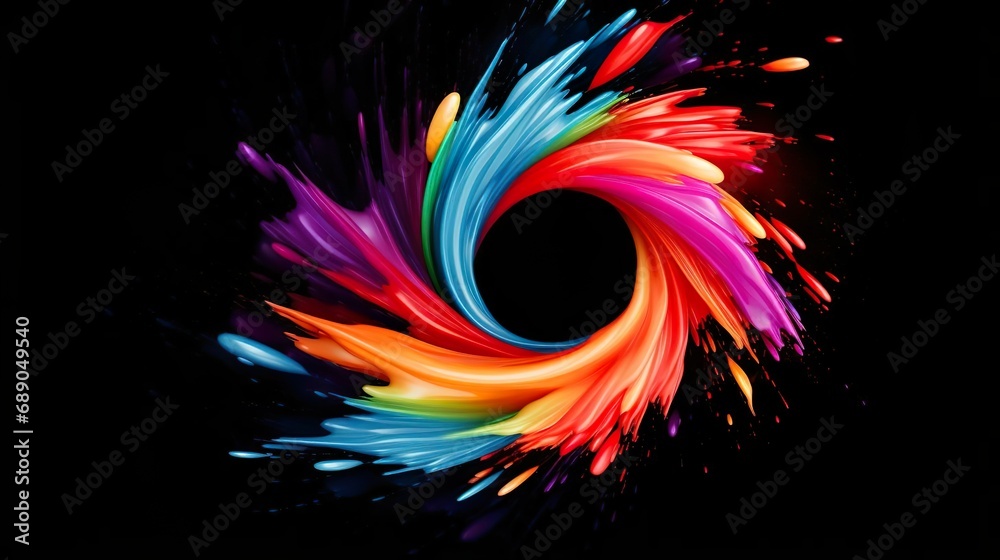 Wall mural Abstract circle liquid motion flow explosion. Curved wave colorful pattern with paint drops on white background