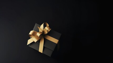 Blank open black gift box or opened black present box with golden ribbons and bow isolated on dark black background with blank space minimal black friday sale conceptual 3D rendering