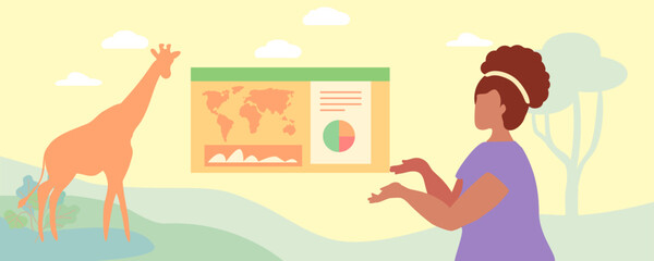 Girl with a giraffe. World map with diagram. Nature of Africa. Vector illustration