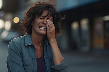 middle-aged woman crying on the city streets