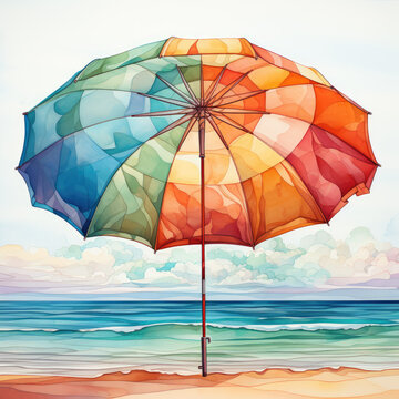 watercolor Beach umbrella clipart, Generative Ai