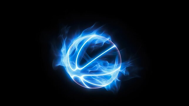 Black basketball with bright blue glowing neon lines on black background with smoke. 3d render