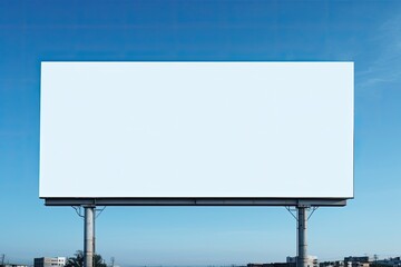 A vacant billboard set against a clear blue sky, ready for advertising messages in an urban setting. - obrazy, fototapety, plakaty