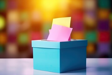 A blue voting box containing colorful blank ballots,perfect for celebration.